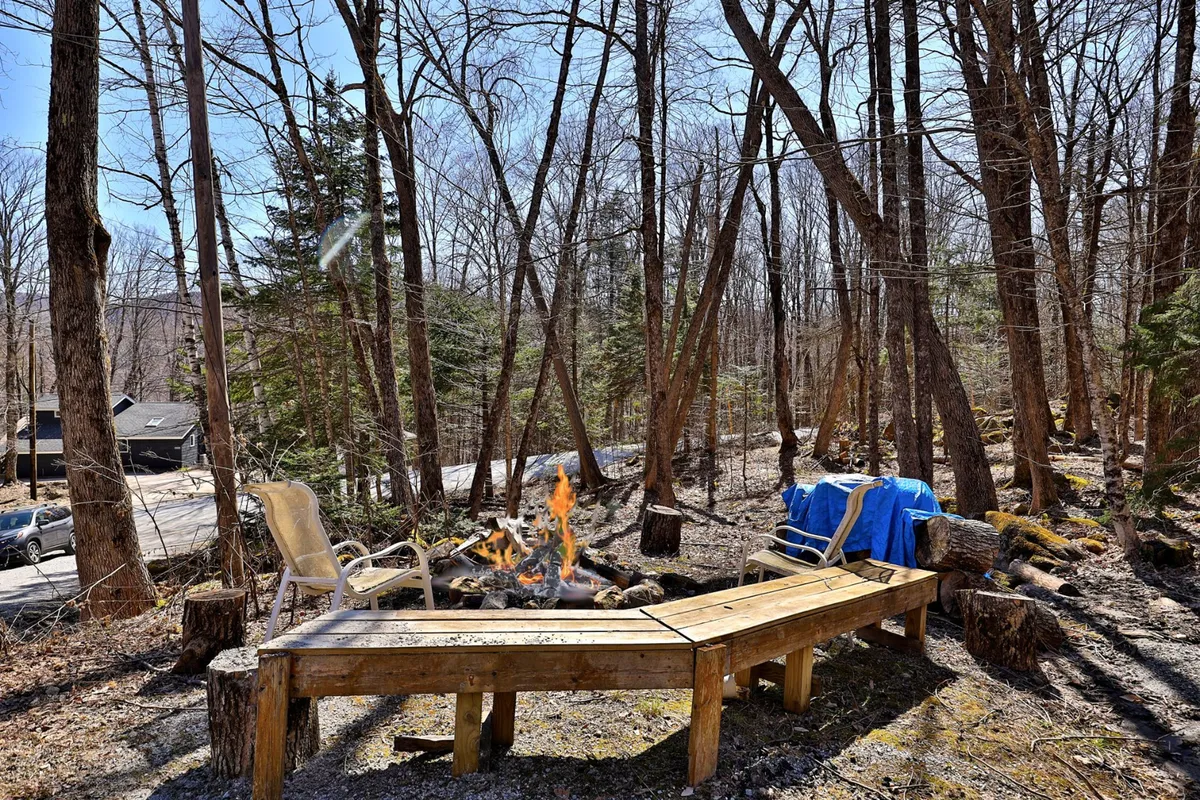 An inviting outdoor scene with a fire pit surrounded by a wooden bench and camp chairs, set amidst tall trees. While not directly mentioned, this communal space conveys the pet-friendly, adventure-ready spirit of the property, and hints at the welcoming atmosphere for both people and pets.
